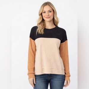 Lollersd Colorblock Waffle Knit Long Sleeve Top – Neutral Tones – Size Small